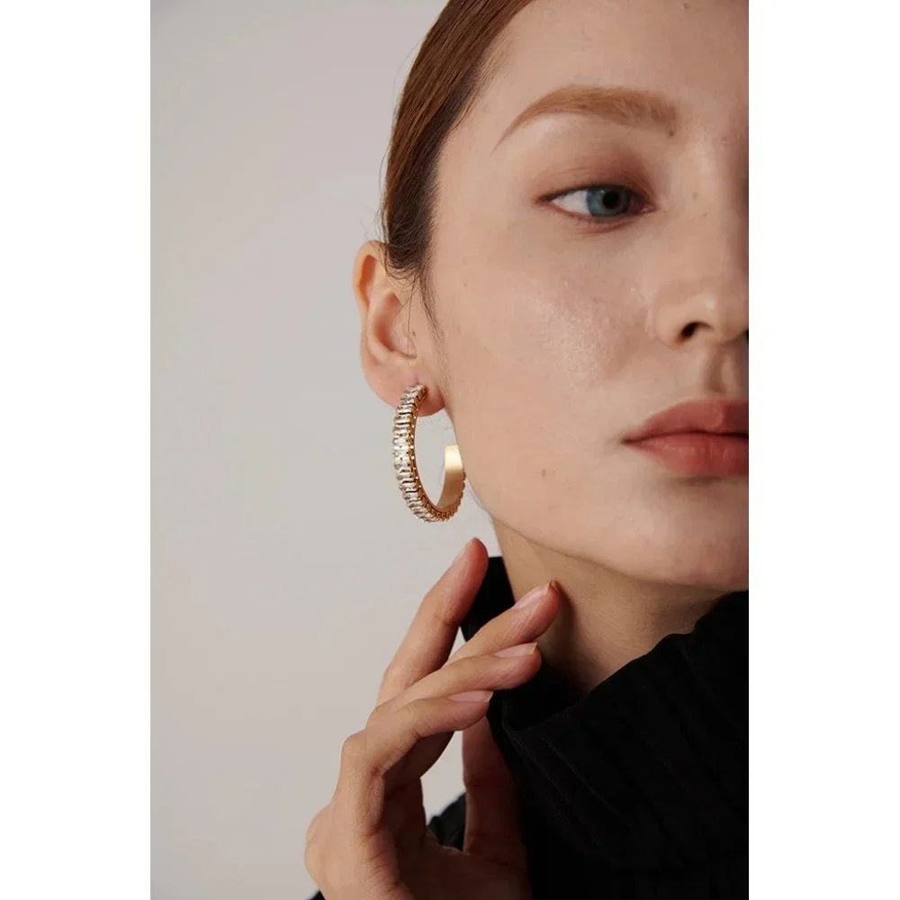 NEW 18K Gold Plated Baguette Diamond Round Hoop Earrings